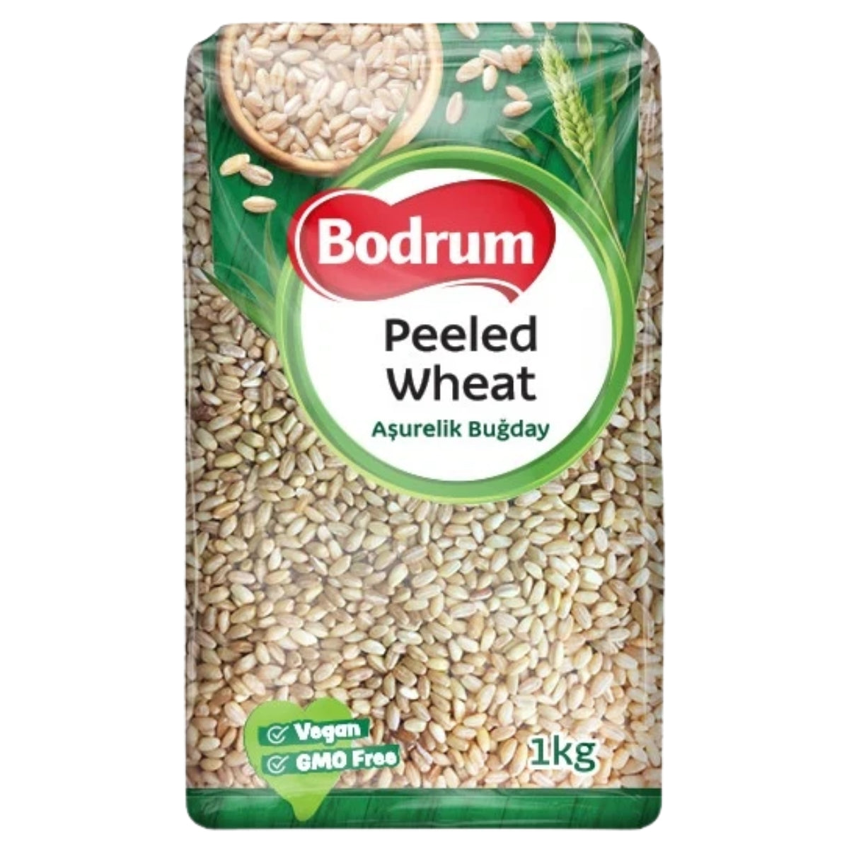 A 1kg package of Bodrum Peeled Wheat (Aşurelik Buğaı) on a plain white background. The packaging features a clear window displaying the beige wheat grains inside, with a green and white label and a red Bodrum logo.