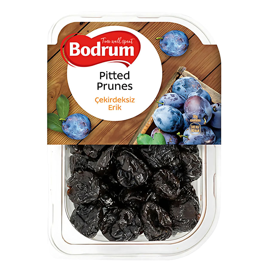 A 250g plastic container of Bodrum Pitted Prunes, featuring an illustrated label with fresh plums and bilingual text, ideal for enjoying dried fruit that supports digestive health.