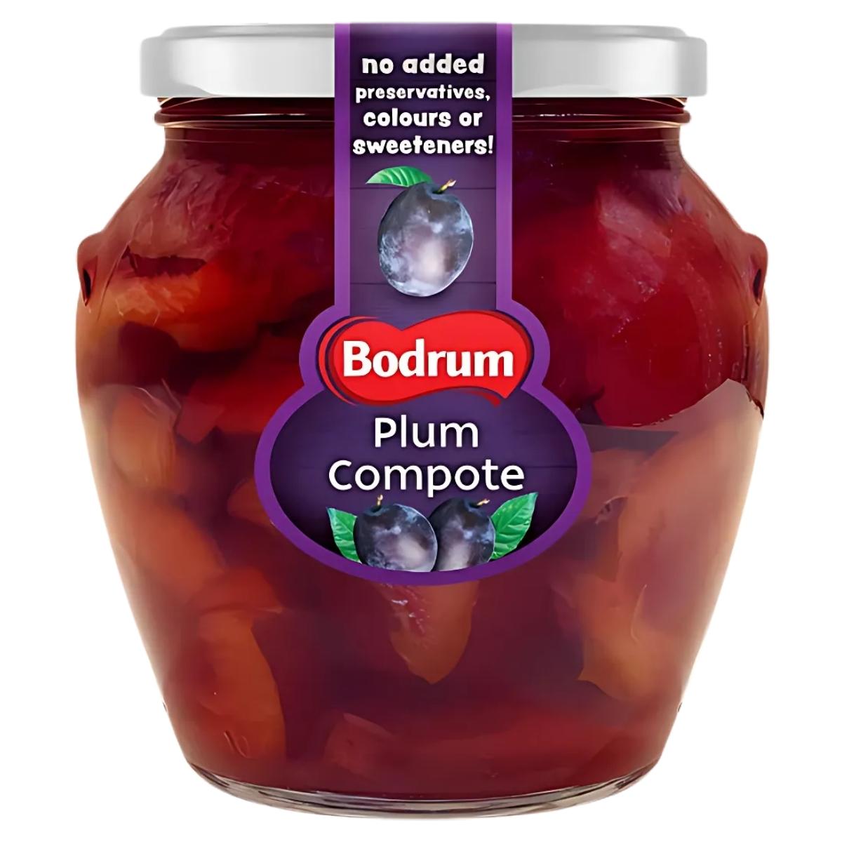 Experience the fruity delight in every jar with Bodrum Plum Compote, 560g, complete with a label that proudly states "no added preservatives, colors, or sweeteners.