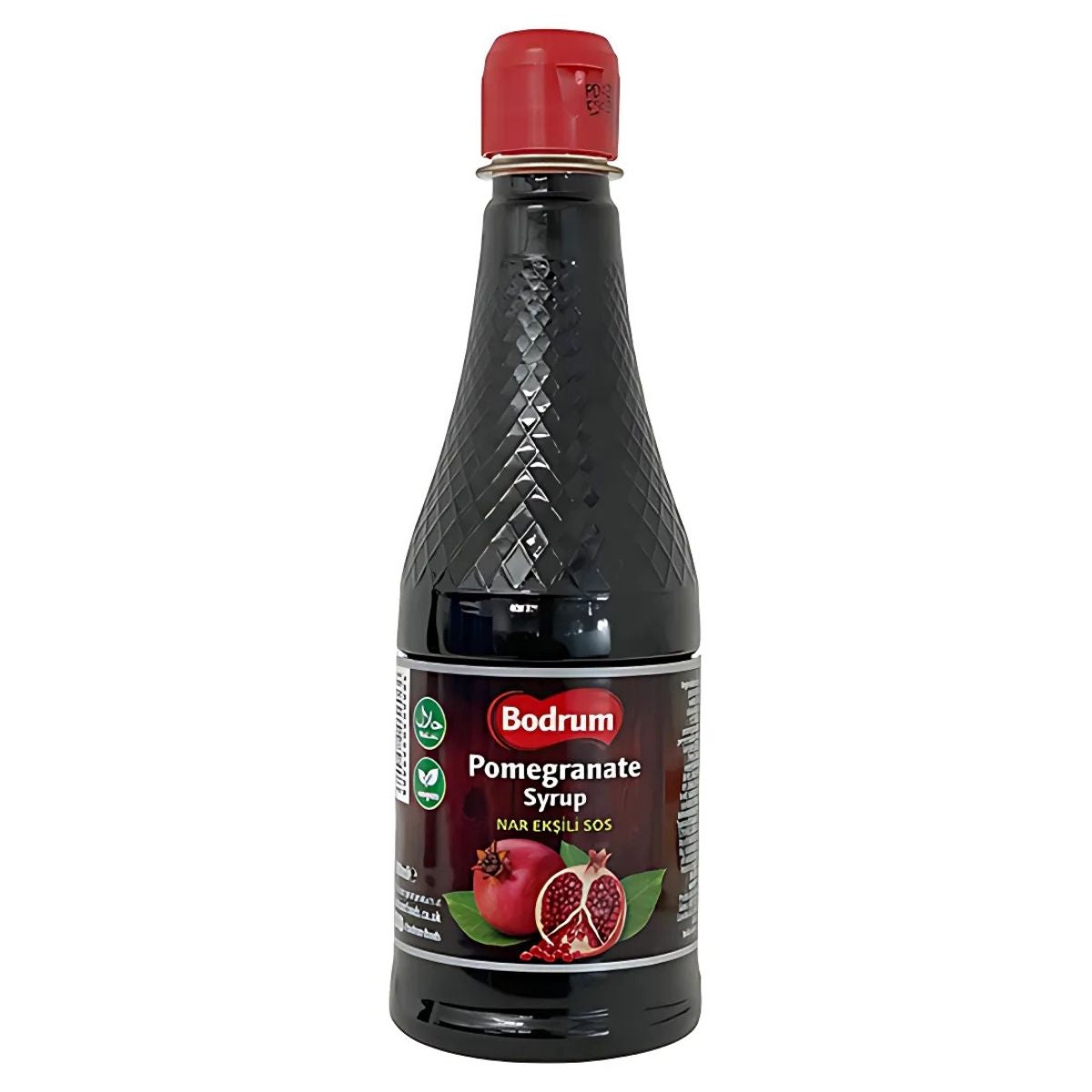 The Bodrum - Pomegranate Syrup - 500g features a red cap, textured dark exterior, and pomegranates on the label. It offers a rich flavor to enhance your dishes with a sweet burst.