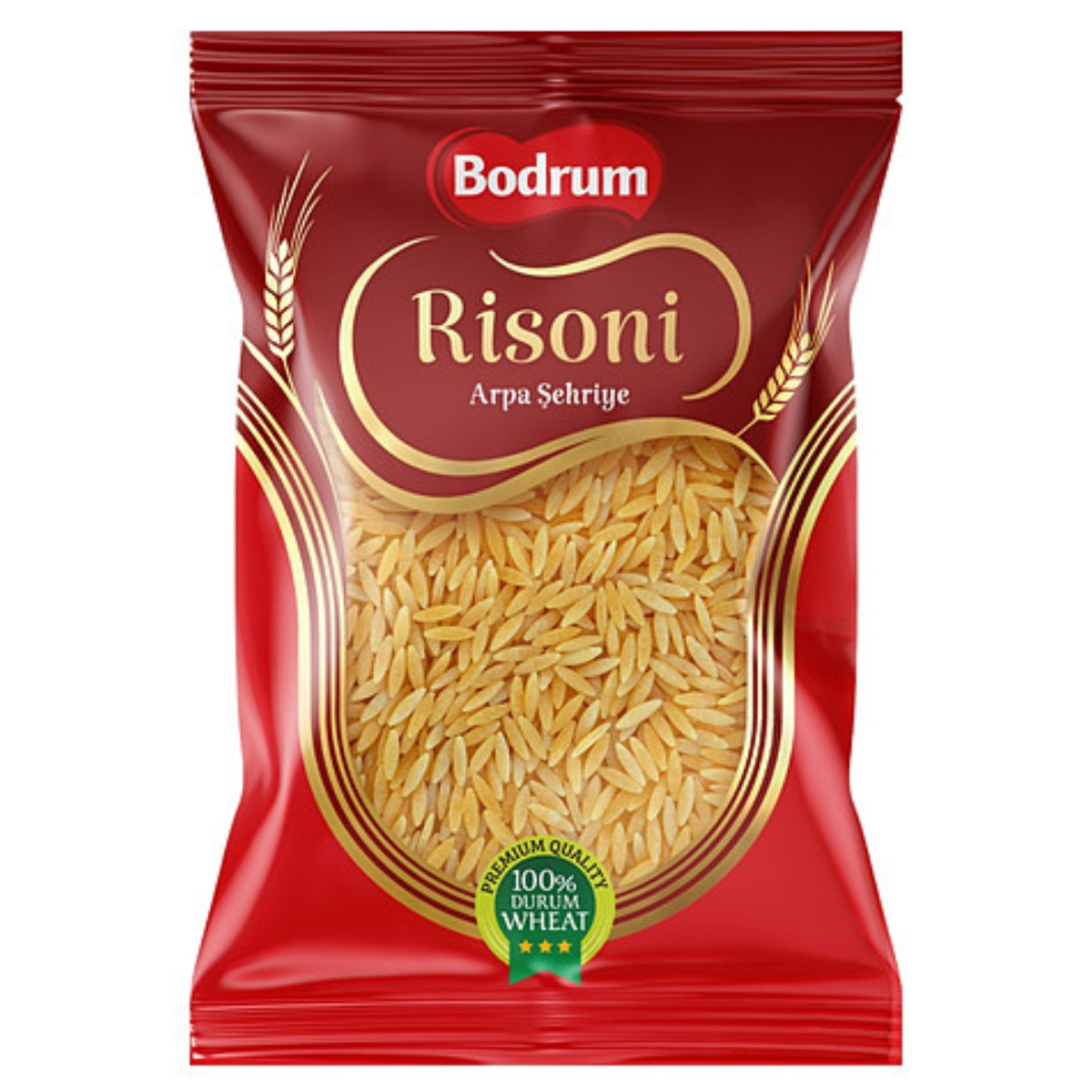 A package of Bodrum Risoni durum wheat rice in a red and gold bag with a clear window showing the grains inside, on a white background.