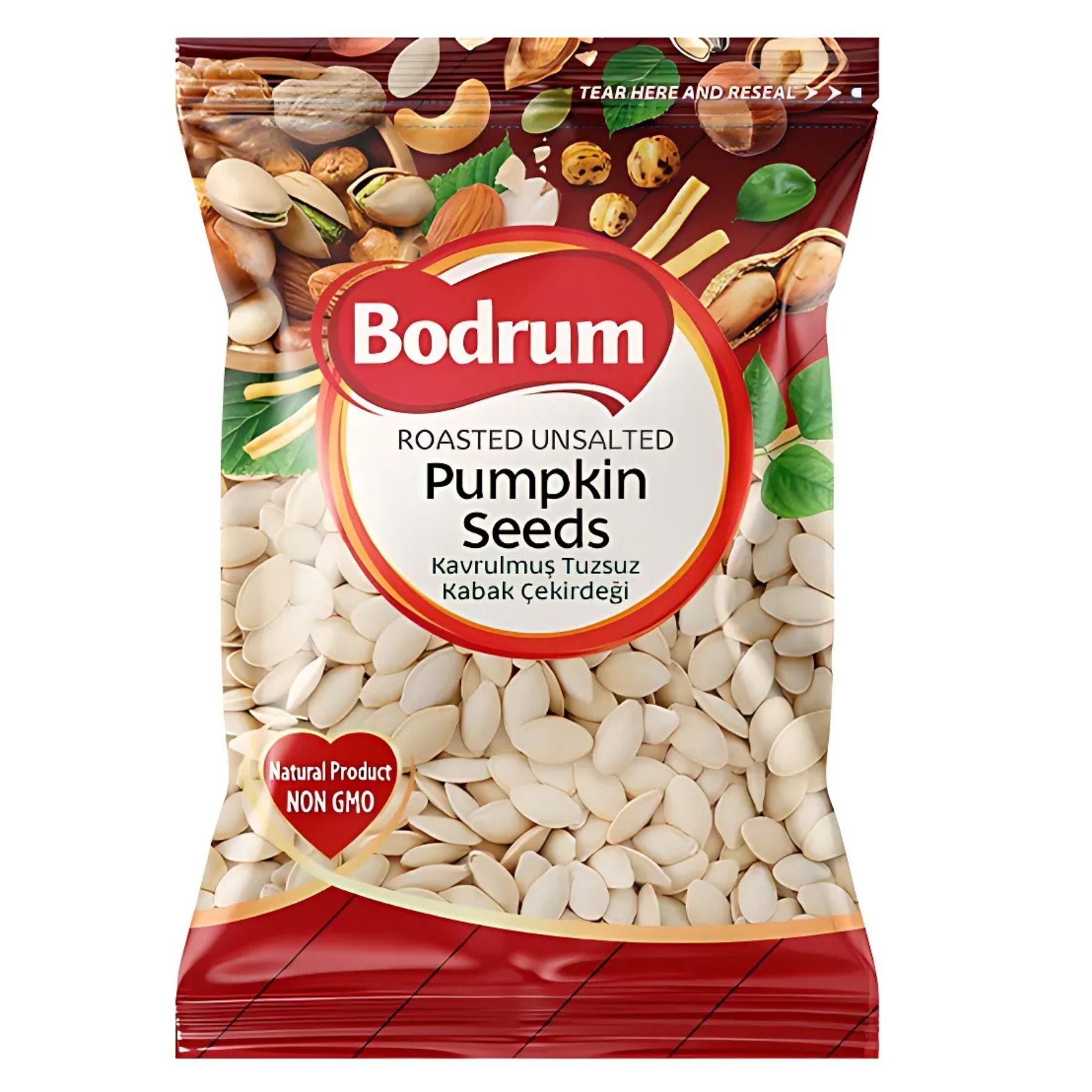 A 150g bag of Bodrum Roasted and Unsalted Pumpkin Seeds, labeled non-GMO and natural, featuring images of seeds and nuts on the packaging.