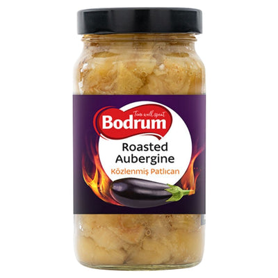 Bodrum's 420g jar of roasted aubergine, with a black lid and label featuring a flaming eggplant, is perfect for adding a smoky, savory flavor to vegetarian dishes.