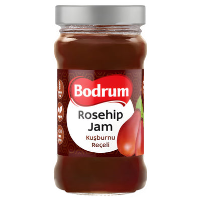 A 380g glass jar of Bodrum Rosehip Jam, a traditional delicacy with a silver lid, featuring a red and white label with rosehip imagery.