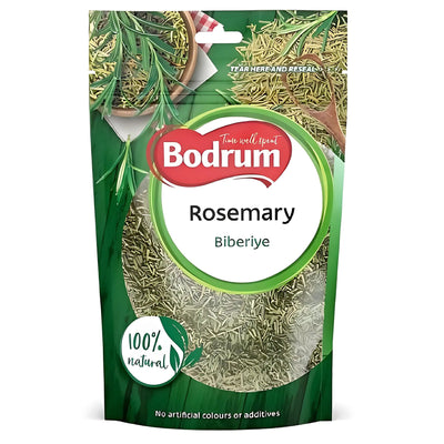A 50g pack of Bodrum Rosemary, labeled 100% natural, features visible dried rosemary leaves inside and comes in green and white packaging.