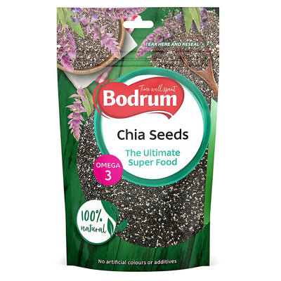 A 150g pack of Bodrum Sachia Chia Seeds, labeled "The Ultimate Super Food," "100% natural," and "Omega 3," is high in fiber and contains no artificial colors or additives.