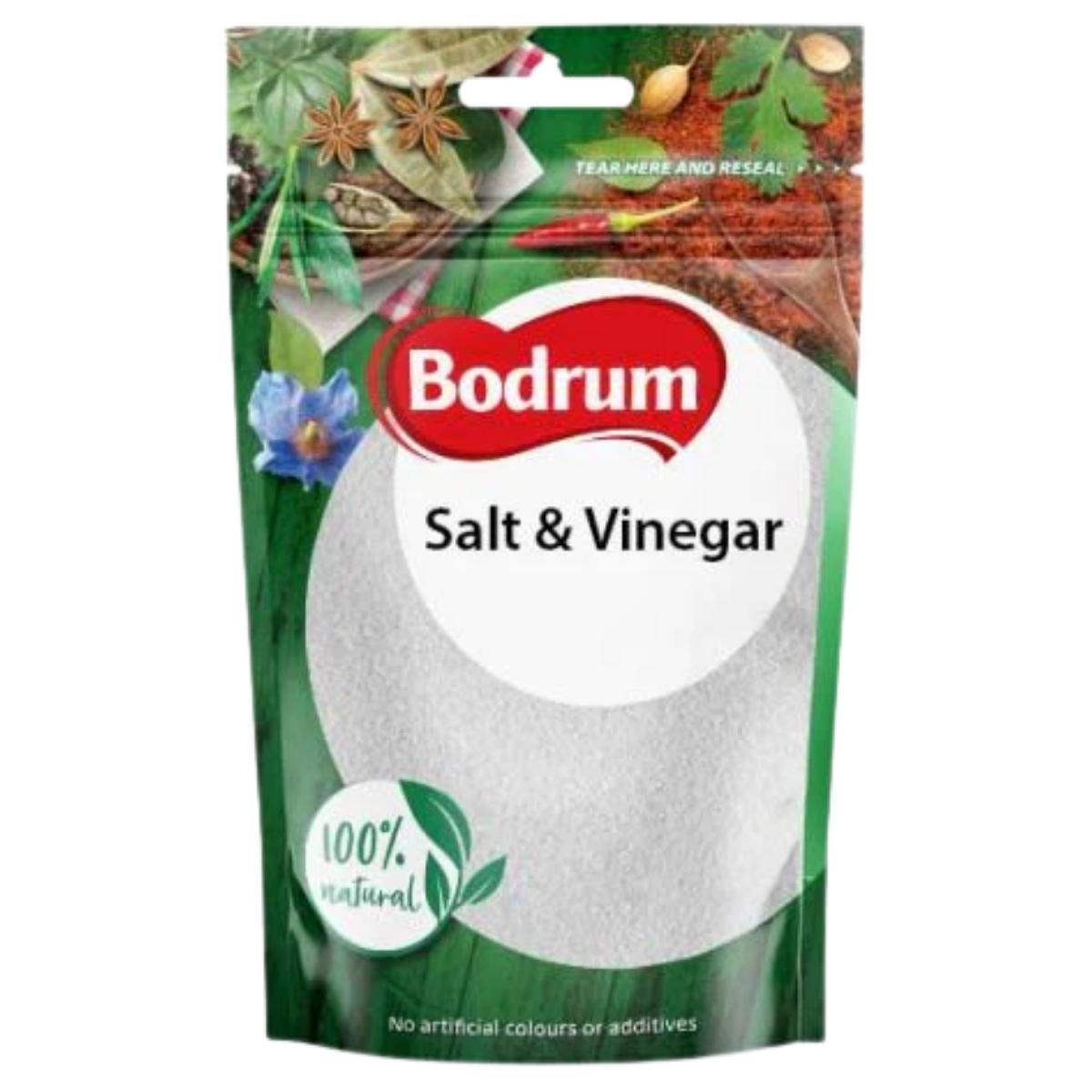 A 150g packet of Bodrum Salt & Vinegar seasoning, featuring green and white packaging with spice images and the phrases "100% natural" and "No artificial colours or additives.