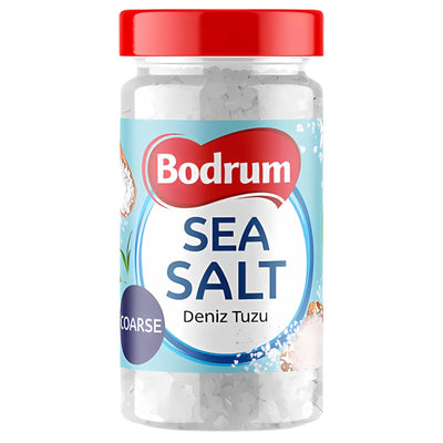 A 450g clear plastic container of Bodrum Sea Salt Coarse, with a red lid and blue-white label.