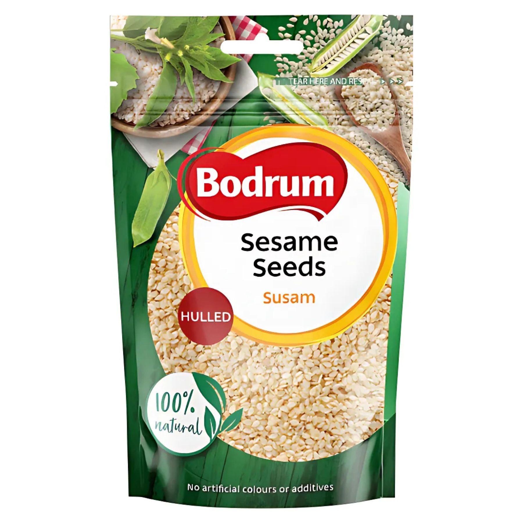 A 150g pack of Bodrum Sesame Seeds, labeled “100% natural” with no artificial colors or additives. Perfect for baking, the package displays sesame seeds and herbs on the front.