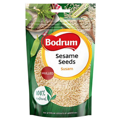 A 150g pack of Bodrum Sesame Seeds, labeled “100% natural” with no artificial colors or additives. Perfect for baking, the package displays sesame seeds and herbs on the front.