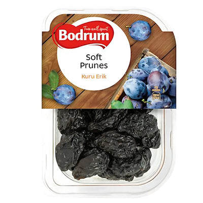 Bodrum Soft Prunes 250g come in a plastic container with a "Soft Prunes Kuru Erik" label featuring fresh plums, offering natural fiber to help support digestive health.