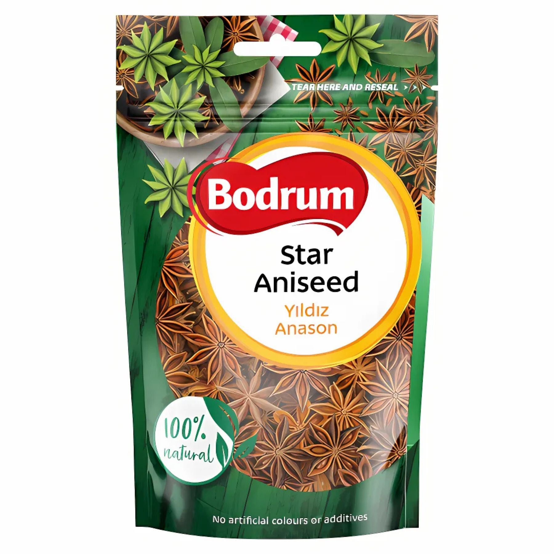 A 50g pack of Bodrum Star Aniseed, labeled "Yıldız Anason," features star anise pods and highlights its unique licorice flavor. The packaging states "100% natural" and "No artificial colours or additives.