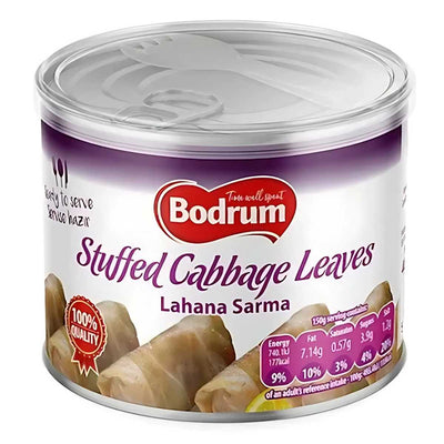 A 400g can of Bodrum Stuffed Cabbage Leaves, labeled "Lahana Sarma," features enticing images and comprehensive product details on its packaging.