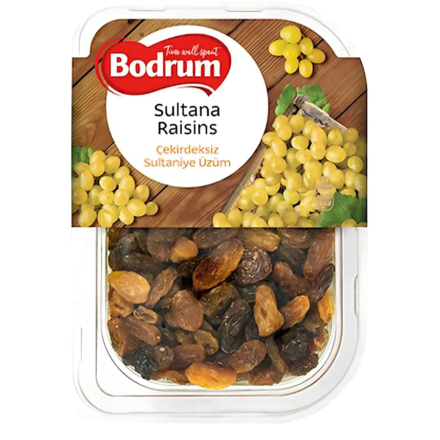 A 250g plastic container of Bodrum Sultana Raisins featuring a label with yellow grapes and seedless raisins.
