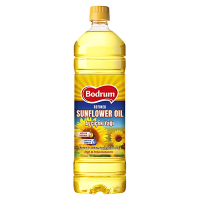 A 1L plastic bottle of Bodrum Sunflower Oil with a yellow cap and a front label featuring sunflowers and product details.