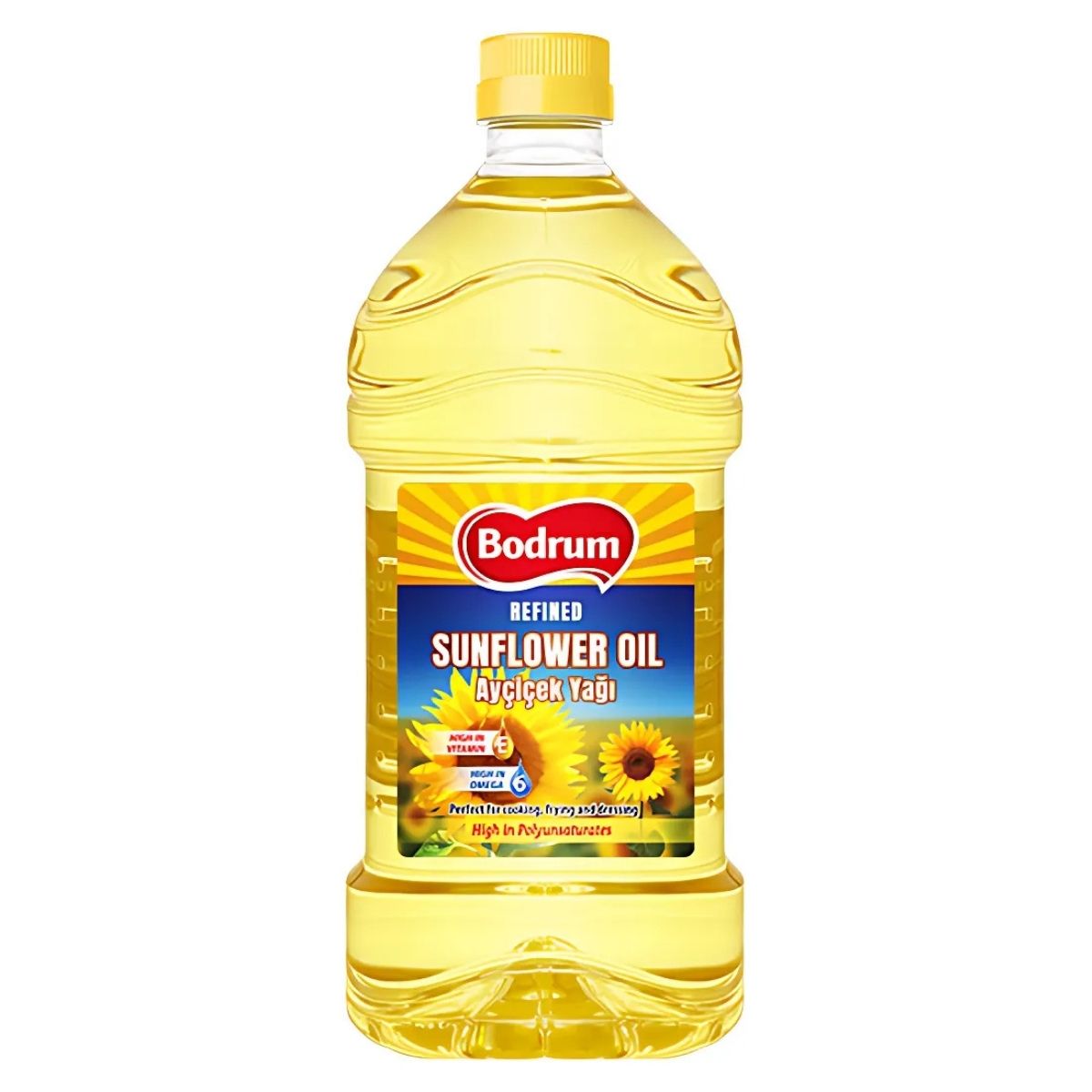 A 2L bottle of Bodrum Sunflower Oil, ideal for cooking flavorful dishes, features a yellow label with sunflowers and nutritional information.