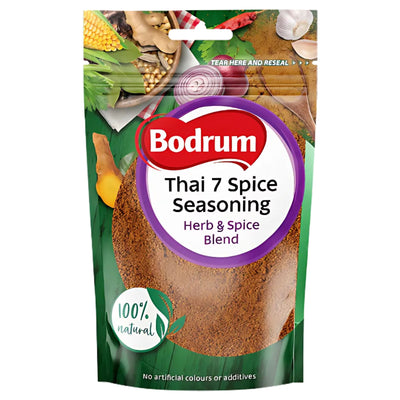 A 50g packet of Bodrum Thai 7 Spice Seasoning, a 100% natural herb and spice mix with no artificial colors or additives.