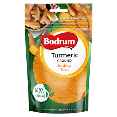 A 100g pack of Bodrum Turmeric Ground, labeled "100% natural" in English and Turkish, features images of ground turmeric root and powder.