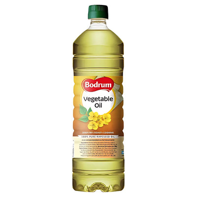 A 1L bottle of Bodrum Vegetable Oil with a green cap and label, featuring 100% pure refined rapeseed oil—ideal for all your cooking needs.