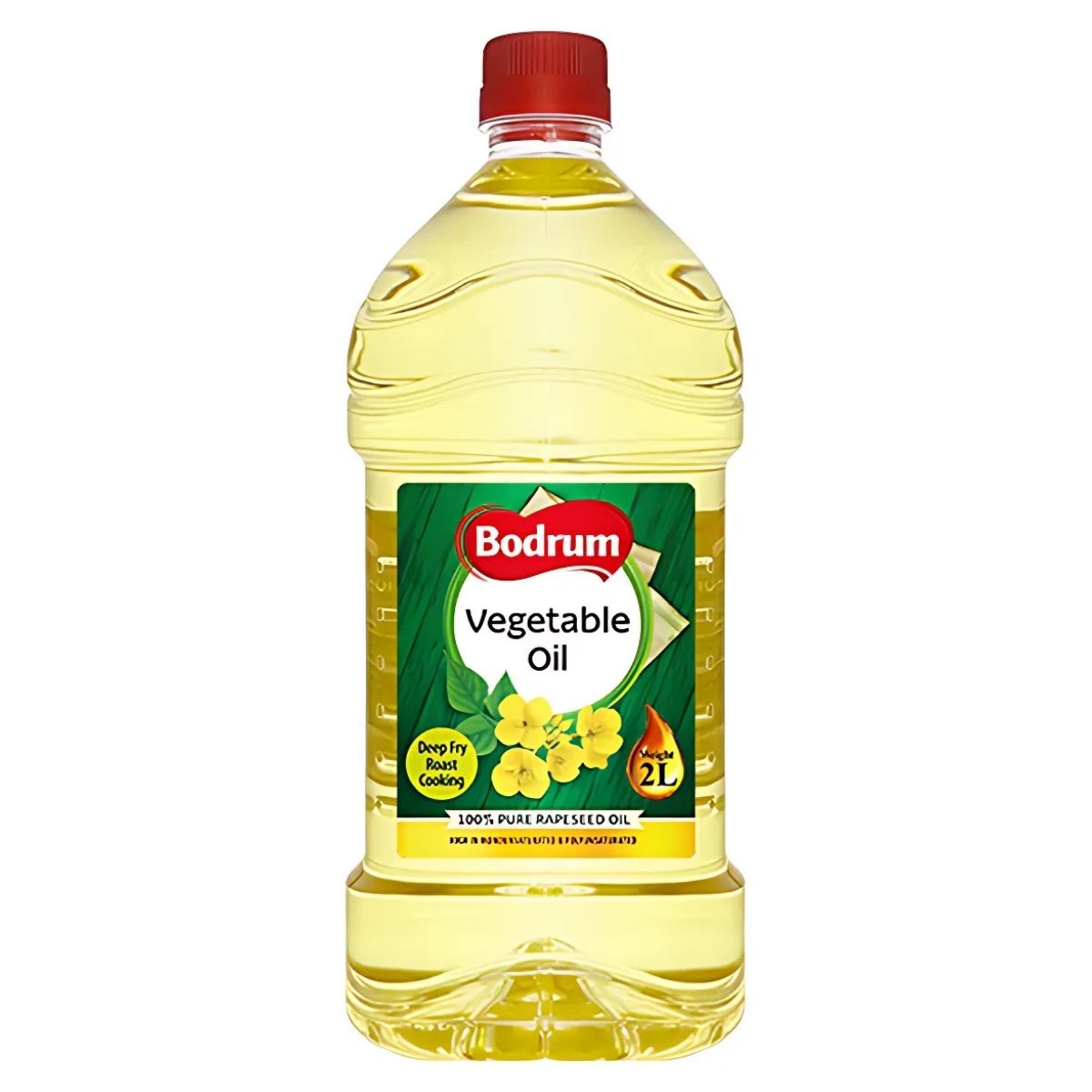 A 2L bottle of Bodrum Vegetable Oil, with a red cap and green label featuring a yellow flower, is perfect for deep frying and general cooking, making it an essential kitchen addition.