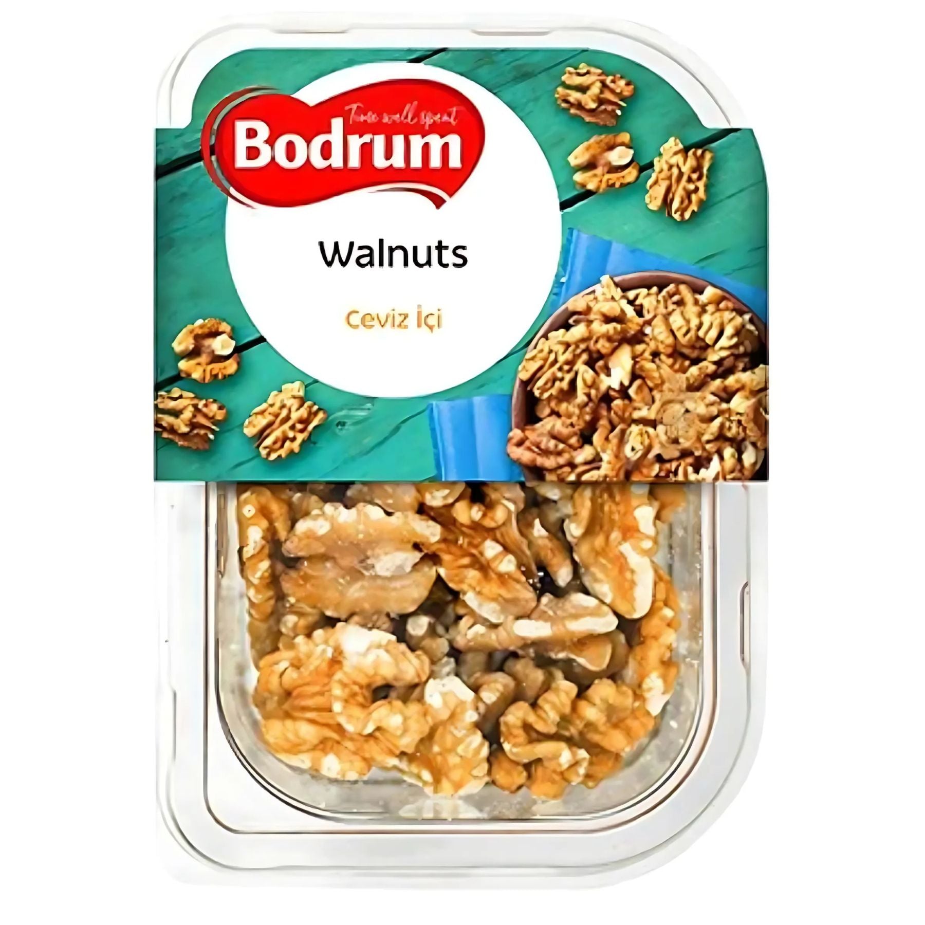 A 100g plastic container of Bodrum Walnut features a blue and green label in English and Turkish, emphasizing premium quality walnuts inside.