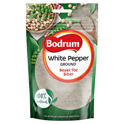 Bodrum White Pepper Powder 100g is 100% natural with no artificial colors or additives. The packaging showcases peppercorns and green leaves, highlighting this premium spice.