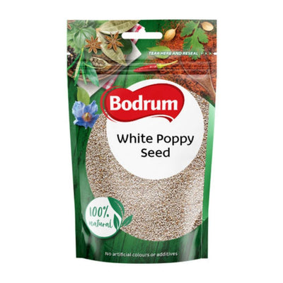 Bodrum White Poppy Seeds 100g come in a resealable green and white bag, labeled 100% natural with no artificial colours or additives—ideal for adding nutty flavour to your dishes.