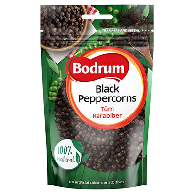 Bodrum Whole Black Peppercorns 100g are 100% natural, contain no artificial colors or additives, and come as premium peppercorns in a resealable gourmet spice pack.