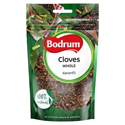 Bodrum Whole Cloves 50g come in green packaging with cloves and leaves pictured. Labeled "100% natural," this premium spice contains no artificial colors or additives.