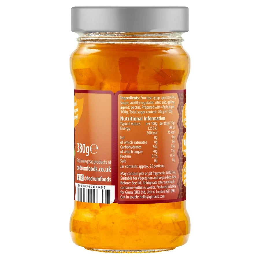 Bodrum Apricot Jam 380g, presented in a glass jar with silver lid and labeled ingredients, nutrition facts, and contact info—ideal for fruit preserve enthusiasts.