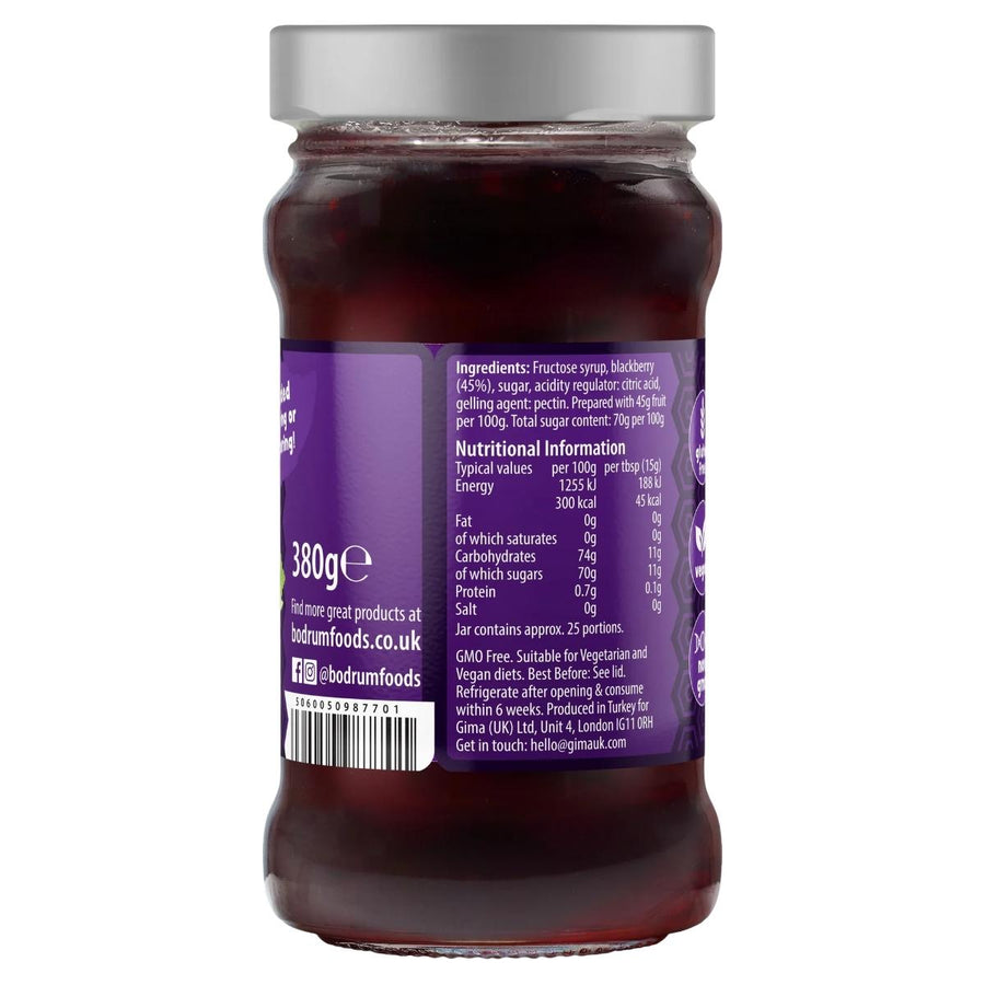 Bodrum Blackberry Jam (380g) comes in a glass jar with an ingredients list and nutritional info on the label, made with natural flavour and no artificial preservatives.