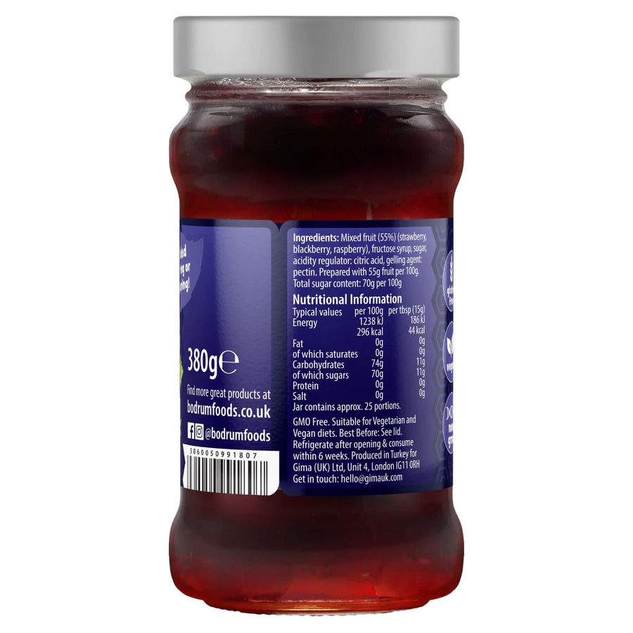 A jar of Bodrum Forest Fruits Jam (380g) is shown from the back, featuring ingredients, nutrition facts, weight, and contact details.