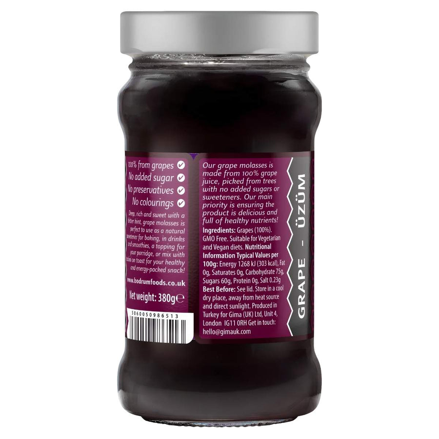 A 380g glass jar of Bodrum Grape Molasses Jam with a silver lid, featuring product details on the label—this traditional Bodrum syrup is prized for its natural sweetness.