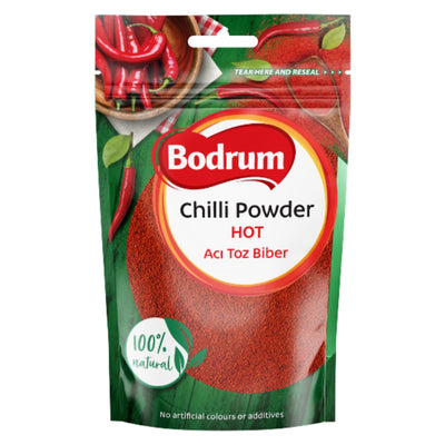 Bodrum - Hot Chilli Paprika Powder - 100g, offering an intense flavor to spark your taste buds, comes in green packaging adorned with whole red chili images and proudly marked "100% natural.