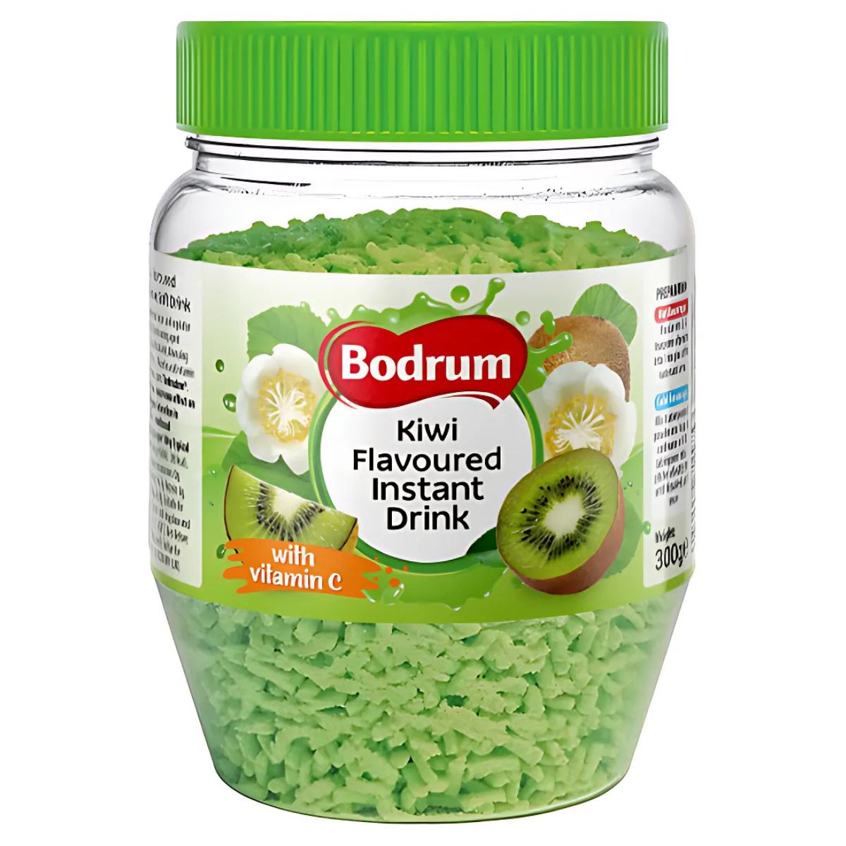 A 300g jar of Bodrum Kiwi Flavoured Instant Tea, adorned with a green lid and decorated with kiwi and floral imagery on the label, offers a delightful tea experience made from high-quality ingredients.