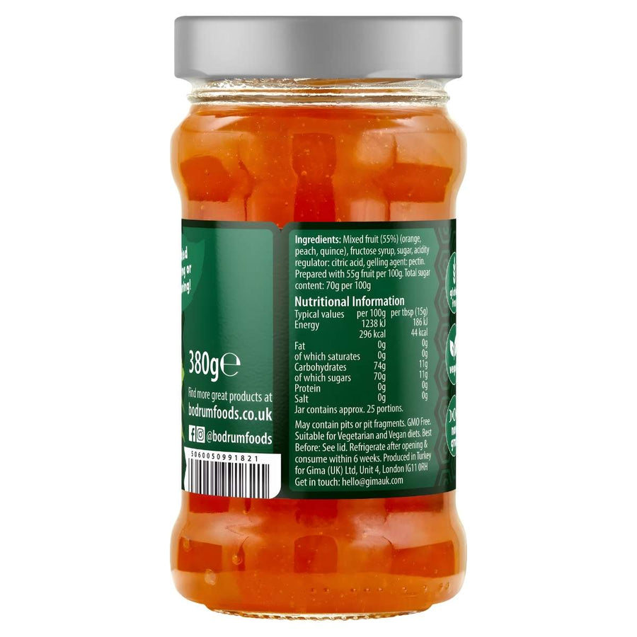 A glass jar of Bodrum Mixed Fruits Jam - 380g, with the back label displaying natural ingredients, nutritional information, and product details.