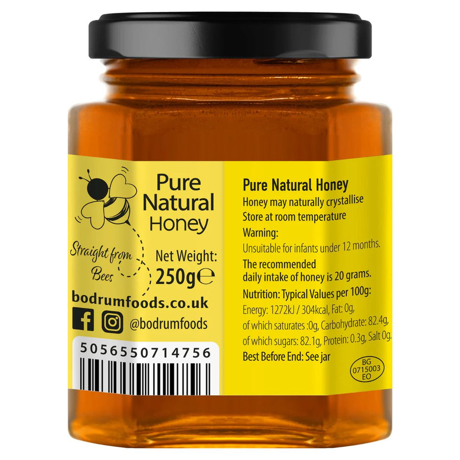 A 250g glass jar of Bodrum - Pure Natural Honey In Jar, featuring a yellow label with product details, nutritional info, storage instructions, and a barcode.