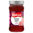 Bodrum - Rose Jam - 380g comes in a glass jar with a silver lid and a label featuring roses and bilingual text, highlighting this exquisite artisanal jam from Bodrum.