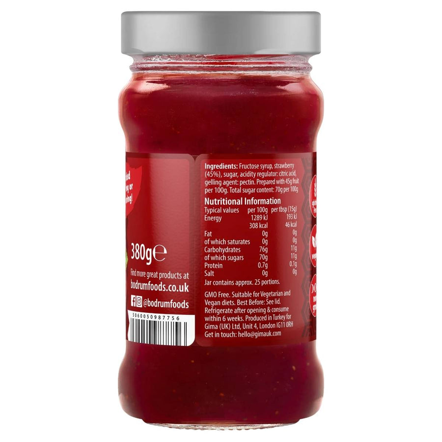 Bodrum Strawberry Jam 380g comes in a glass jar with a silver lid and detailed label, ideal for anyone who enjoys high-quality fruit preserves.