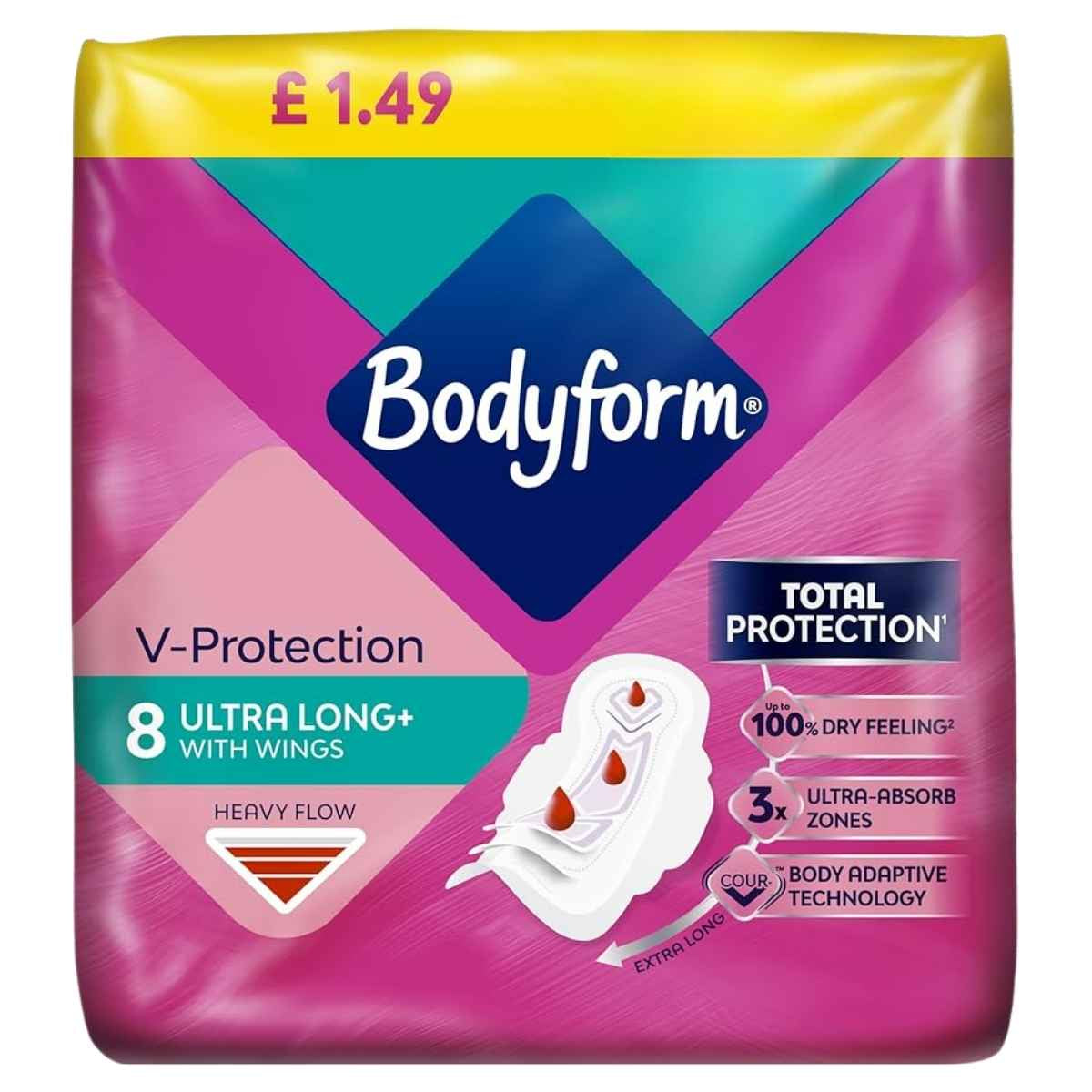 Bodyform - 8 Ultra Long with Wings sanitary pads (8 pcs), designed for heavy flow with total protection and ultra-absorb zones.