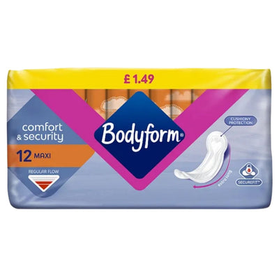 Bodyform - Comfort & Security - 12 Maxi features absorbent sanitary pads with comfort and security labels, an image of a pad on the packaging, and is priced at £1.49.