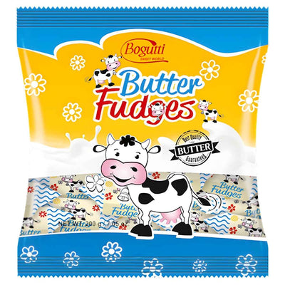Bogutti - Butter Fudges - 400g: A charming gift box by Bogutti featuring cartoon cows, flowers, and individually wrapped butter fudge candies—ideal for gifting or indulging in premium treats.