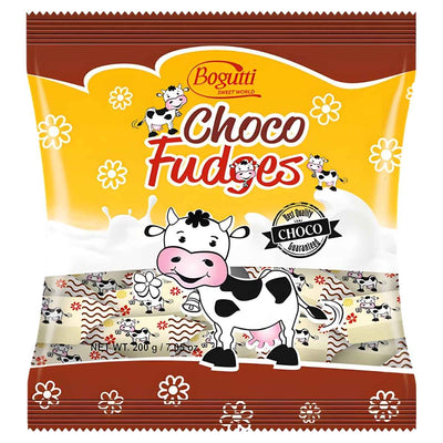 A 400g bag of Bogutti Cocoa Fudges features cartoon cows, a milk splash design, and a "Best Quality Choco Guaranteed" label. Made with premium cocoa, these fudges from Bogutti make a delightful chocolate gift.