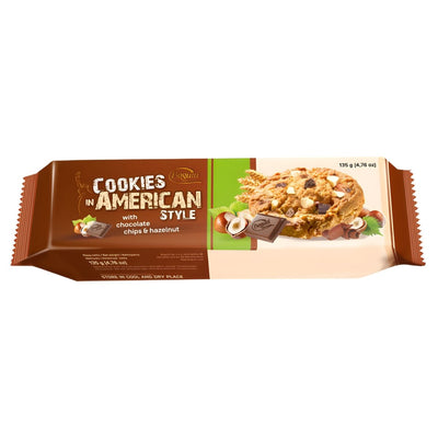Bogutti - Cookies In American Style With Choco Chips & Hazelnut (135g): Enjoy a mix of chocolate chip cookies and hazelnut biscuits in a pack featuring images of cookies, chocolate, and hazelnuts.