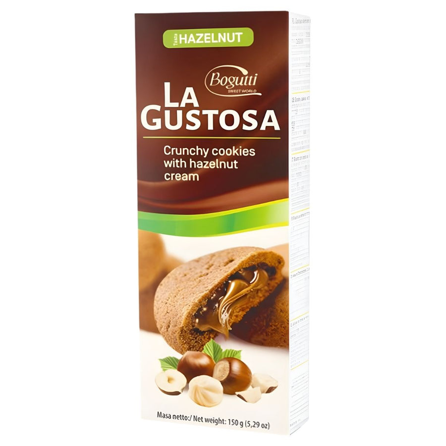 Bogutti - La Gustosa Cookies With Hazelnut Cream (150g) by Bogutti, with packaging showing crunchy cookies filled with hazelnut cream and whole hazelnuts.