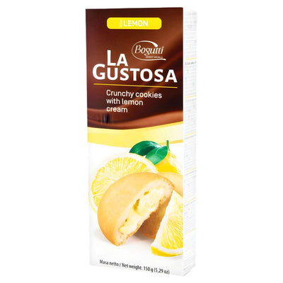 Bogutti La Gustosa Cookies With Lemon Cream (150g) features crunchy cookies with lemon cream filling, shown alongside lemon slices on white and yellow packaging.
