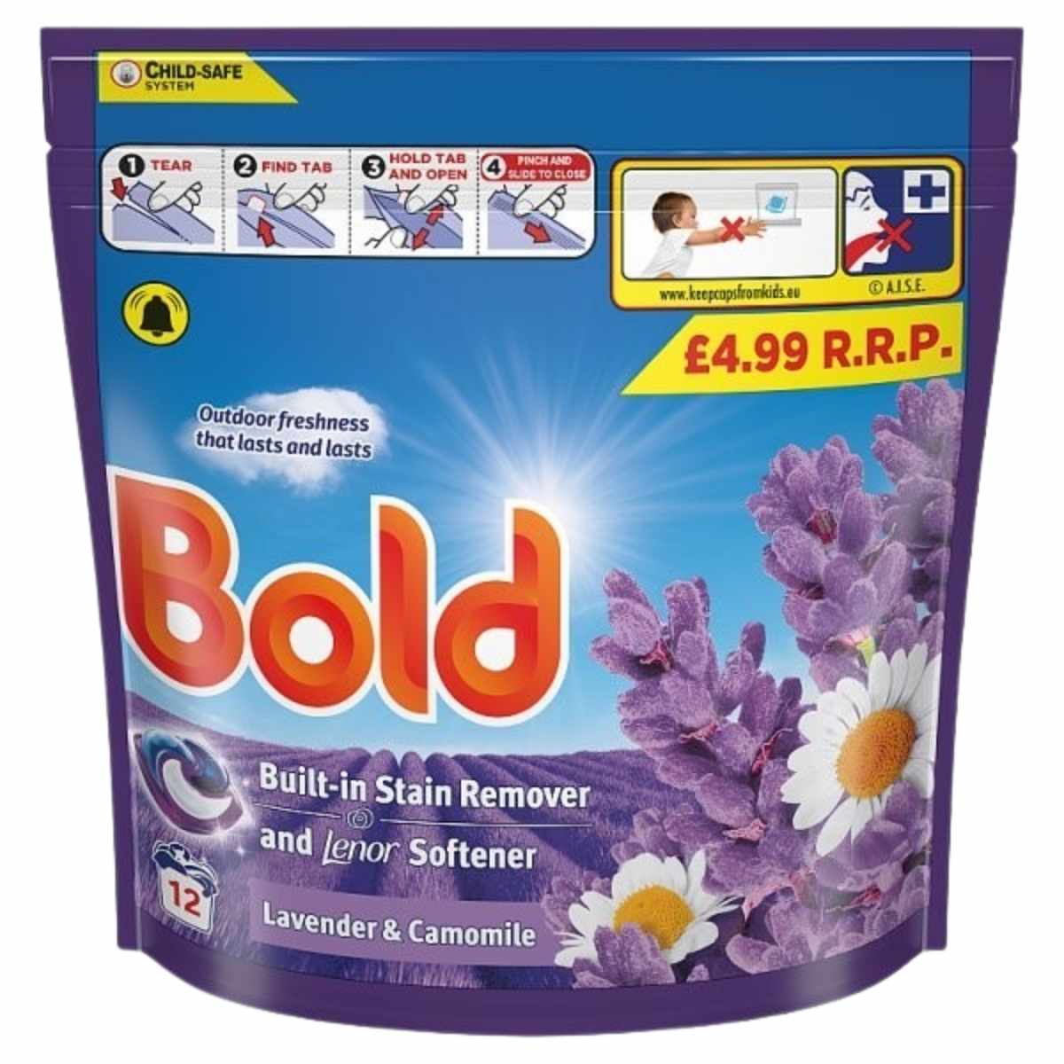 Bold - Lavender & Camomile Laundry Detergent (12 Washes, 236.4g) combines anionic surfactants for effective cleaning, a built-in stain remover and softener, and comes with child-safe instructions.