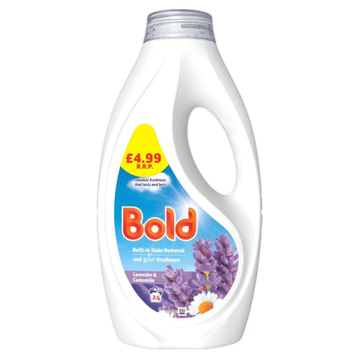 Bold Lavender & Camomile Washing Liquid Stain Removal, 744ml (24 washes), £4.99, features lavender and camomile scents with images of lavender and chamomile flowers—ideal for gentle fabric care.
