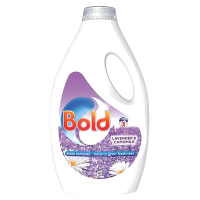 Bold - Lavender & Camomile Washing Liquid Stain Removal, 31 Washes, 1023ml: features a purple and white bottle with floral design, offering effective stain removal and a relaxing scent.