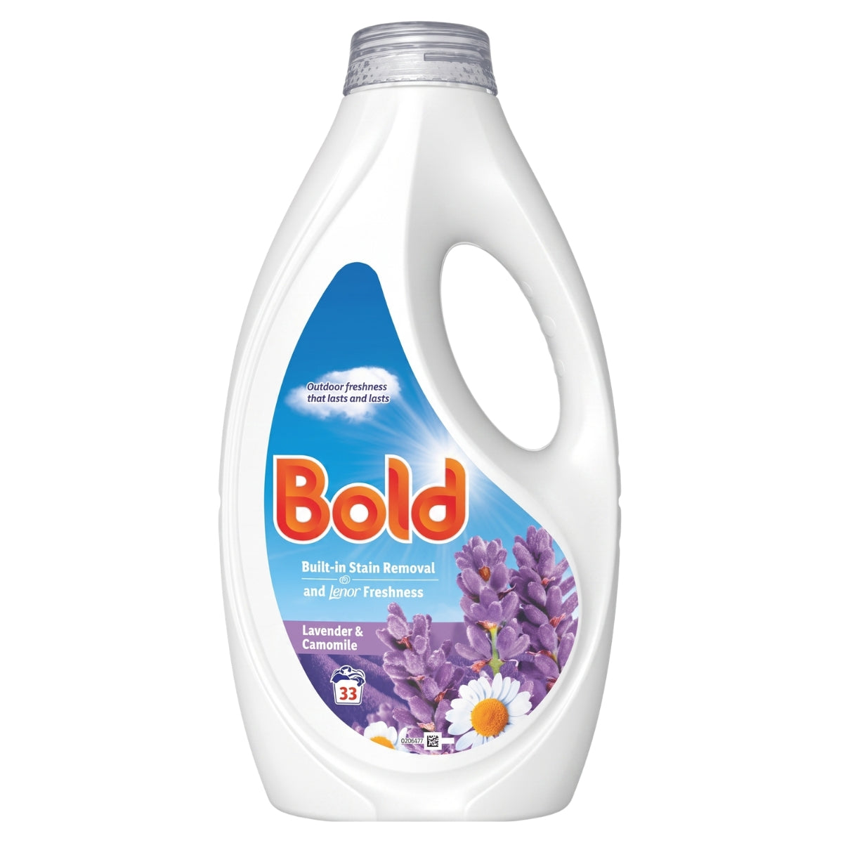 Bold - Lavender & Camomile Washing Liquid Stain Removal 33 Washes (1023ml) comes in a white bottle decorated with purple flowers and daisies on the label. This Bold detergent offers built-in stain removal and long-lasting Lenor freshness for up to 33 washes, letting you enjoy a fresh scent every time you do laundry.